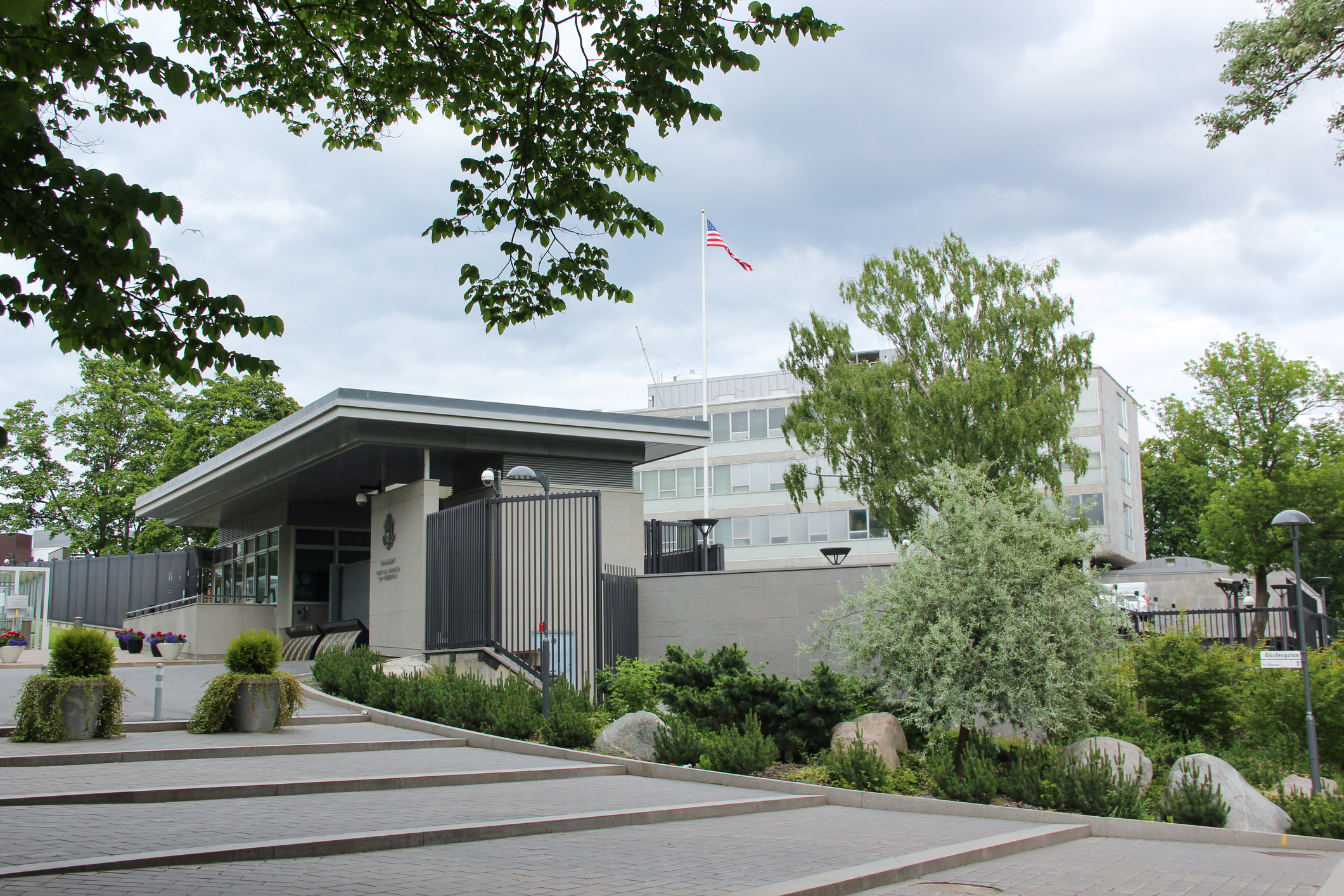 American embassy in Stockholm Sweden with flag flying